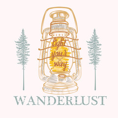 Fashion apparel print with lantern, wanderlust, wild trip vector hand drawn illustration