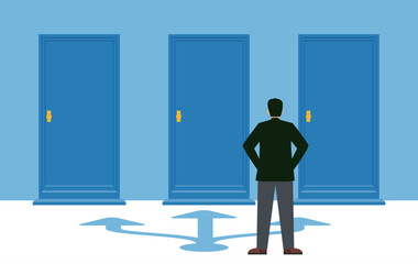 Fototapeta premium Business Career Choice and the Decision Between Three Doors of Opportunity - Back view of an Asian man
