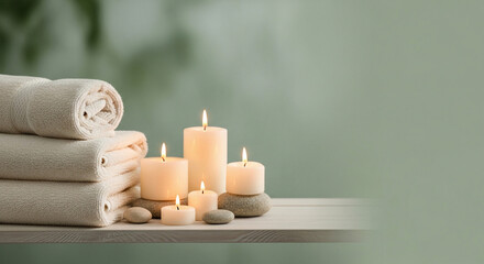 Calm spa setup with neatly folded ivory towels and softly glowing candles, sage green and warm ivory color palette