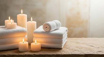 Calm spa setup with neatly folded white towels and softly glowing candles, arranged on a natural stone surface