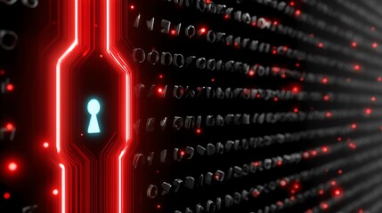 A close-up image featuring a glowing keyhole surrounded by digital binary code. The red and black color scheme adds a futuristic touch, symbolizing data security and encryption.