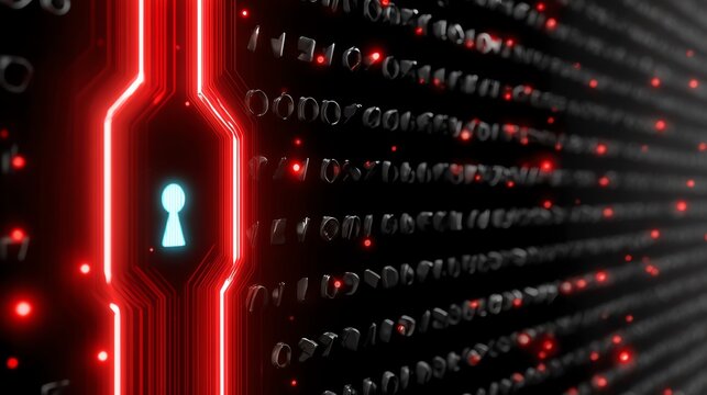 A close-up image featuring a glowing keyhole surrounded by digital binary code. The red and black color scheme adds a futuristic touch, symbolizing data security and encryption. - Powered by Adobe