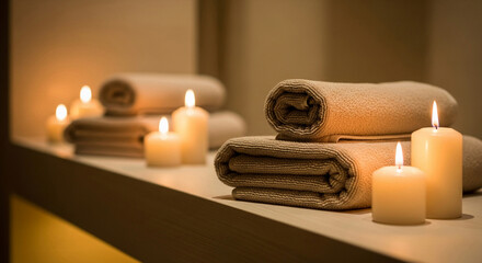 Luxury calm spa setup featuring plush beige towels and elegant candles with soft golden glow, warm beige and soft gold dominant colors
