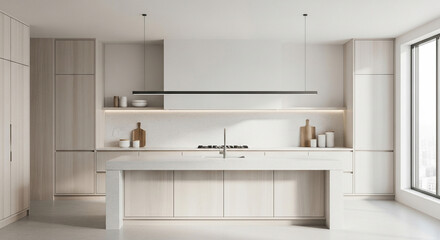 Minimalist modern kitchen interior for corporate branding, natural daylight filling the room