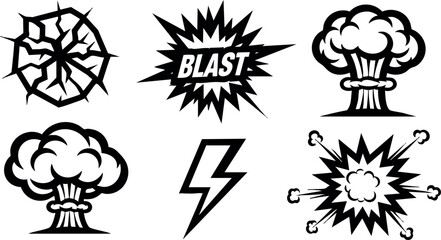 Explosion and blast icons set with atomic mushroom clouds and lightning bolt vector illustration 