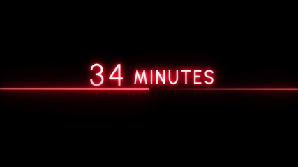 34 minutes countdown text number animation. Glowing neon timer on black background. Neon number counting text animation.