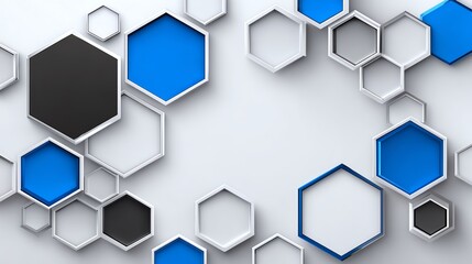 This image features a modern abstract design with hexagonal shapes in blue and black against a clean white background, perfect for digital projects and contemporary graphic design.