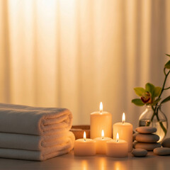 Serene minimalist spa scene with towels and softly glowing candles, warm light, large copy space in the background
