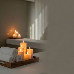 Serene spa scene featuring rolled towels and lit candles on a wooden tray, soft diffused light