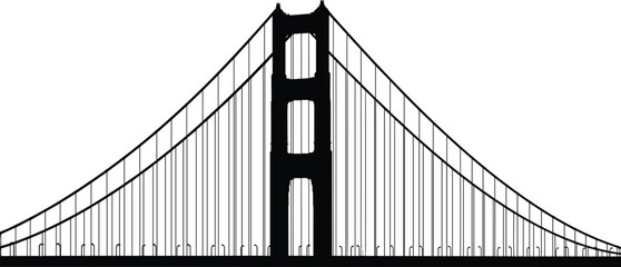 Obraz premium Suspension bridge silhouette with towering cables and iconic structure, urban landmark architecture, transportation infrastructure, engineering design, city skyline connection vector illustration