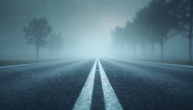 Empty asphalt road receding into fog with trees lining the sides. White lines mark the lanes fading into a misty horizon. Dark moody atmosphere suggests a lonely journey or mystery. - Powered by Adobe