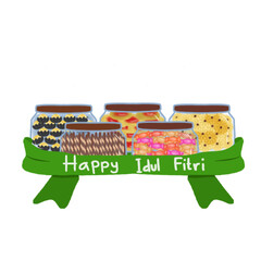 Illustration of various cakes in jars and Eid al-Fitr greetings for Islamic holiday greeting card decorations