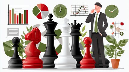 A strategic business illustration featuring a businessman surrounded by chess pieces, charts, and graphs, symbolizing planning, decision-making, and competitive analysis.