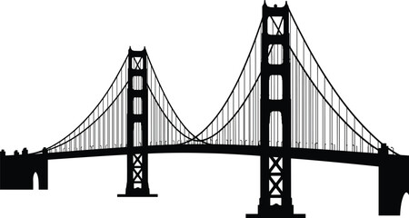 Suspension bridge silhouette landmark illustration, iconic urban infrastructure design, modern architectural structure concept for travel, transportation, engineering themes, black and white vector © Gita