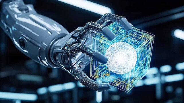 Futuristic robot hand holding glowing cube