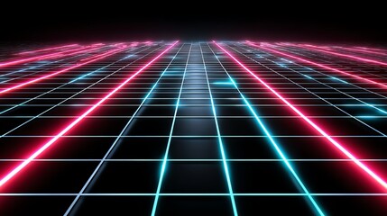 A futuristic grid landscape illuminated by vibrant neon lights, creating a digital and abstract atmosphere. Ideal for technology themes, digital art, and sci-fi concepts.