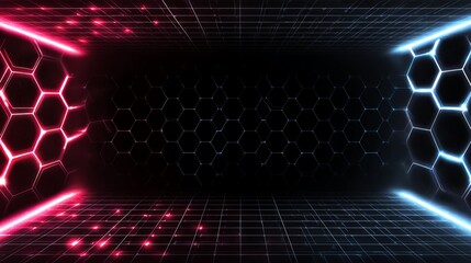 A futuristic digital space featuring glowing hexagonal patterns. The vibrant red and blue lights create an immersive atmosphere. Ideal for tech, gaming, or science fiction themes.