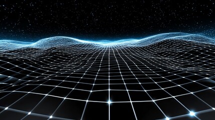 A futuristic digital landscape showcasing a grid pattern illuminated by vibrant blue lines against a starry black background, representing innovation and advanced technology.