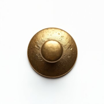 Round brass tack seen from top view, isolated on white background. Its textured metal surface shows small imperfections. This fastener secures items, ideal for DIY or office use.