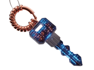 A futuristic digital key attached to a metallic keyring with a glowing circuit pattern reflecting technological innovation