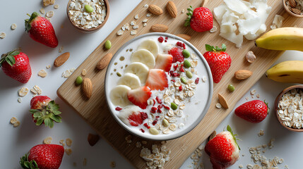 Cloud Dancer themed A bowl of oatmeal sliced bananas and strawberries on a wooden cutting board surrounded by fresh fruit and nuts Colour of the Year 2026
