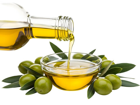 Pouring Olive Oil from Bottle into Glass Bowl Isolated on White Background. Fresh Green Olives and Leaves for Healthy Diet.