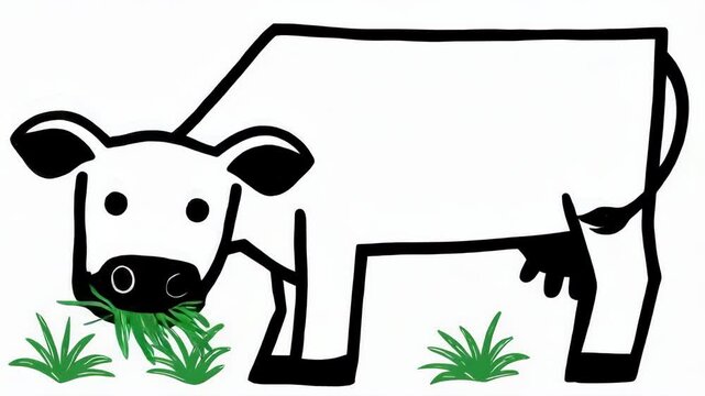 A black and white graphic of a cow eating grass