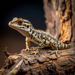 Naklejka premium Regal lizard with mottled skin, perched on textured tree branch, dark background