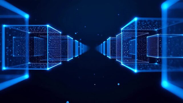 Blue glowing cubes in digital tunnel