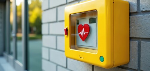 Yellow outdoor automated external defibrillator box mounted on brick wall. Red heart with cardiogram symbol visible. Emergency medical device for saving lives.