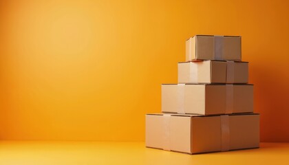 Cardboard boxes stacked neatly in minimalist setting against bright orange background. Empty containers ready for packing shipping, suggesting organization, order. Simple setup highlights essential