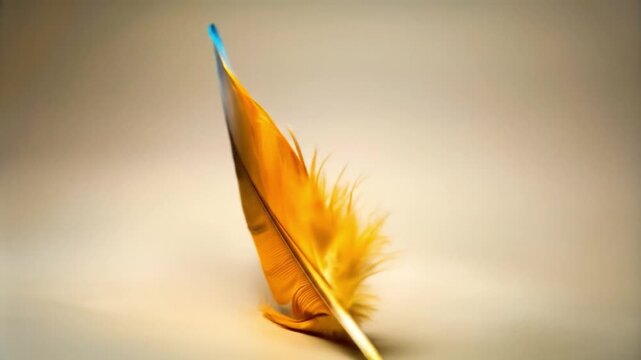 Close up of a colorful feather against a neutral backdrop