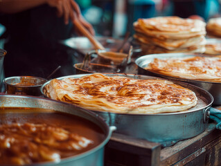 Southeast Asian street food restaurant where they prepare traditional Roti canai.
