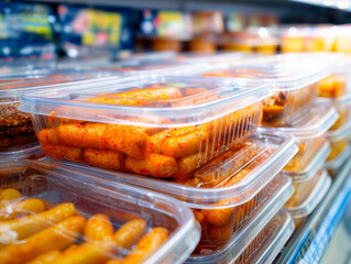 Photography of plastic containers in a supermarket with the traditional Korean dish Tteokbokki.