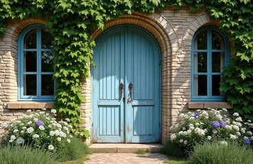 Old stone house with bright blue double doors and arched windows. Green ivy climbs the brick wall. Flowers bloom near the entrance in sunny garden.