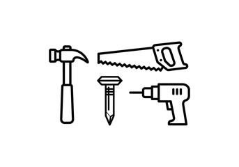 Set of tools for construction Black and white line art illustration of hammer, saw, nail, and drill.