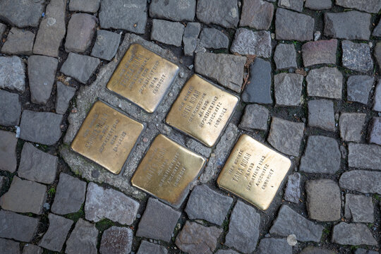 stumbling stones at the paveway shows where Jews at german 3. Reich werde deported and killed
