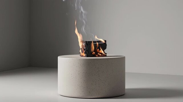 A burning, charred object sits atop a concrete cylinder with smoke rising