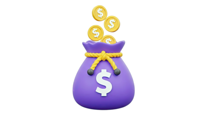 Purple Money Bag with Falling Dollar Coins