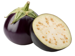 Whole and halved purple eggplant showing seeds, isolated subject PNG with alpha channel