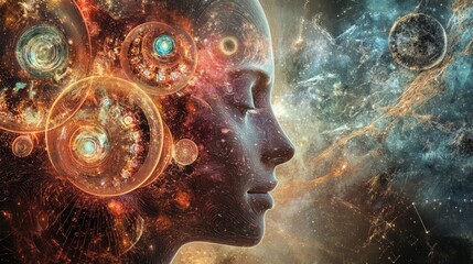 Cosmic head merges with galaxy, conveying vast thought