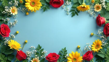 Fototapeta premium Red roses, yellow daisies with green leaves arranged on light blue backdrop. Delicate white baby breath fillers complement colorful blossoms. Frame of nature beauty perfect for spring summer themes.