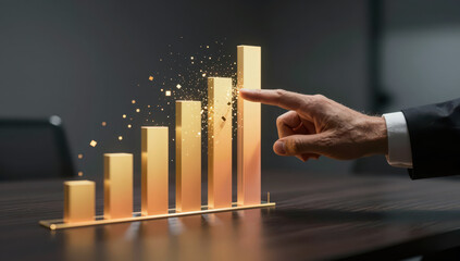Business growth success generative ai technology innovation golden bar chart profit surge concept, finger touch glowing data spark on modern office table