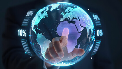 Futuristic hologram globe digital data business technology generative ai innovation concept with male hand touch virtual world interface in dark background