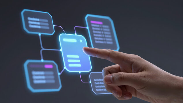 Futuristic interface hud digital network generative ai innovation hand touch virtual screen data visualization connection technology concept with soft blur background - Powered by Adobe