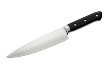 Chef knife with sharp steel blade and black handle for culinary preparation and cooking, transparent background