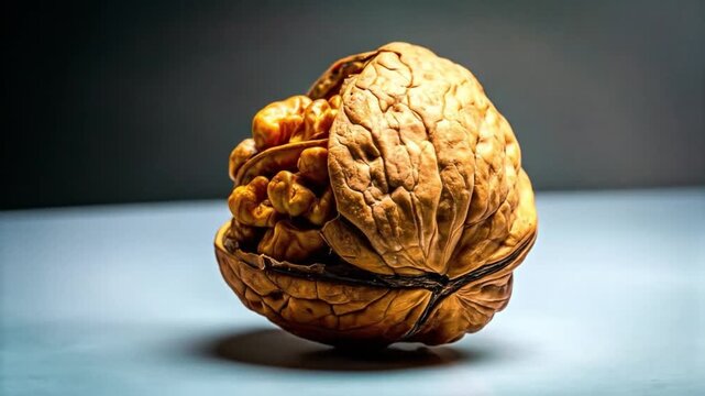 Close up of a cracked walnut revealing nut meat against a neutral backdrop