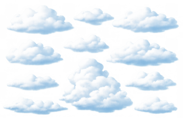 Set of white cumulus clouds creating weather visual, heaven, and clean air concepts with a transparent background