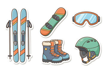 Ski and snowboard equipment collection with colorful illustrations