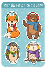 Fototapeta premium Cute animal illustrations celebrating Christmas and New Year holidays 